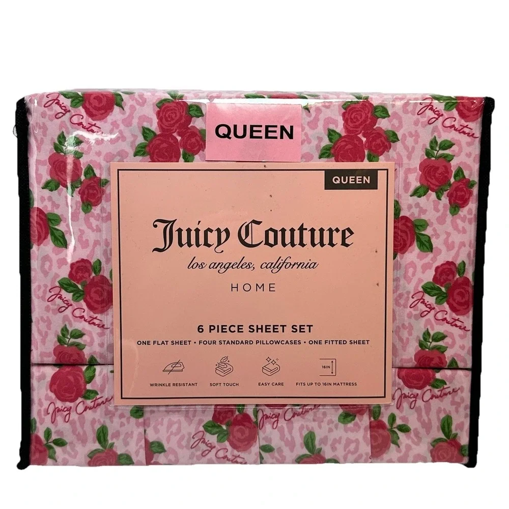 Juicy Couture Queen Sheet Set Pink Rose Leopard 6 Piece Bedding Set New